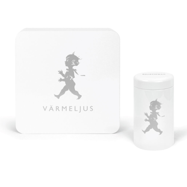 Värmeljuslåda vit+tändsticksrör vit ink. presentkartong,God Jul emblem